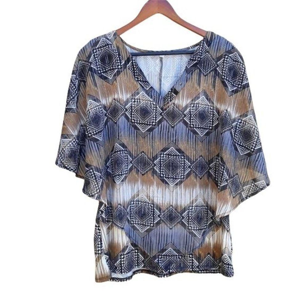 Vtg 90's Aztec Tribal Southwest Print Tank Sheer Cape Overlay Top  Neutrals Sz M
